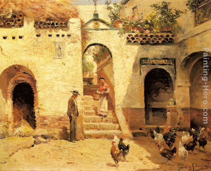 Feeding Poultry in a Courtyard painting - Manuel Garcia y Rodriguez Feeding Poultry in a Courtyard art painting